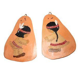 Terra Cotta Clay Tiles Signed Ruth 07 Native Children Boy Girl Leather Hanger